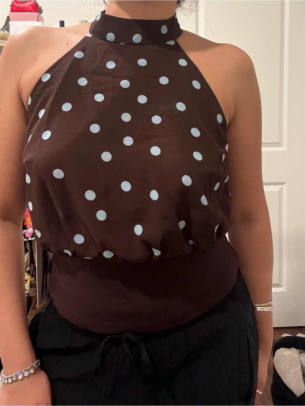 Women’s Brown Polka Dot Halter Top - White Dot Print